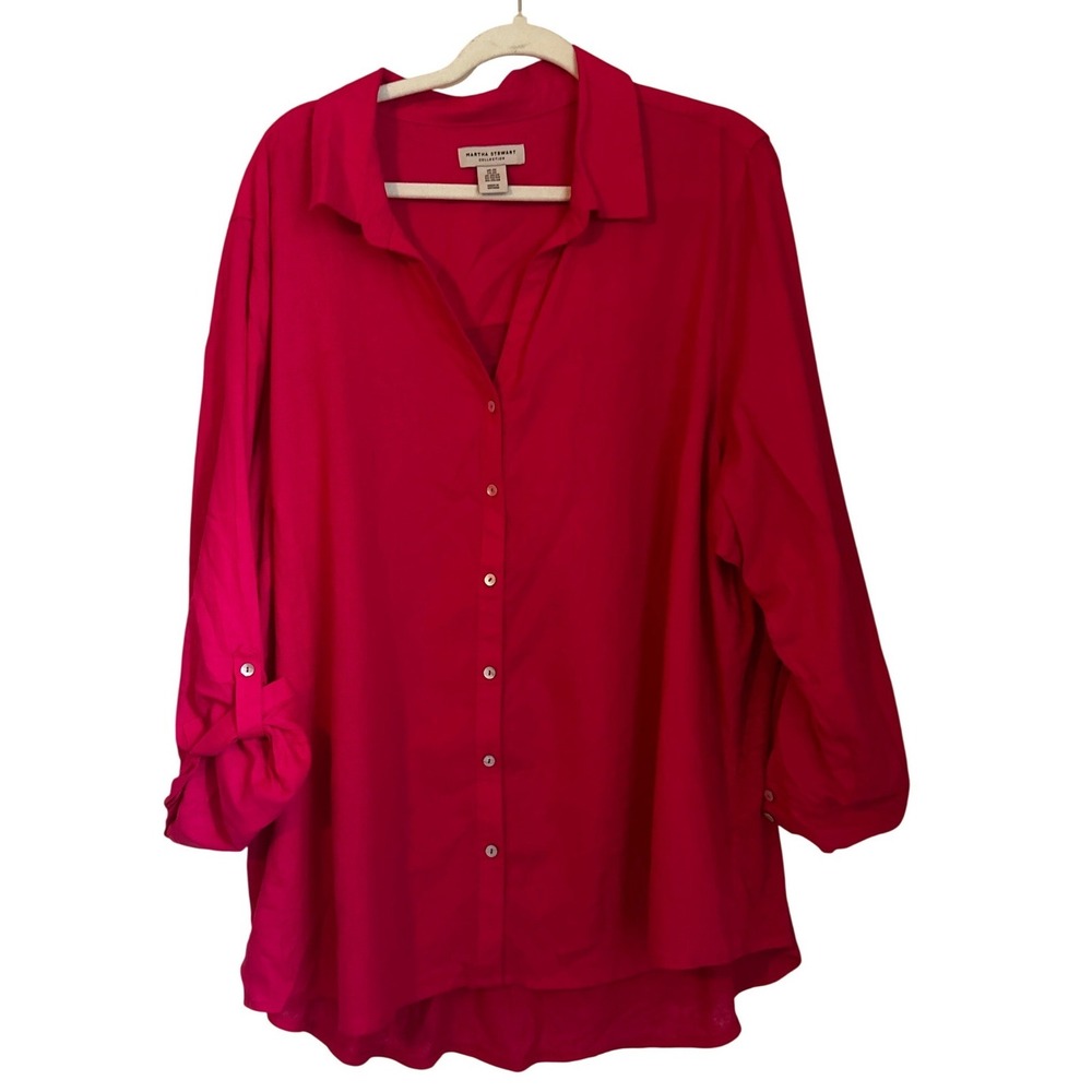 Martha Stewart Collection Hot Pink Linen Blend Roll Tab Button Up Shirt 3X